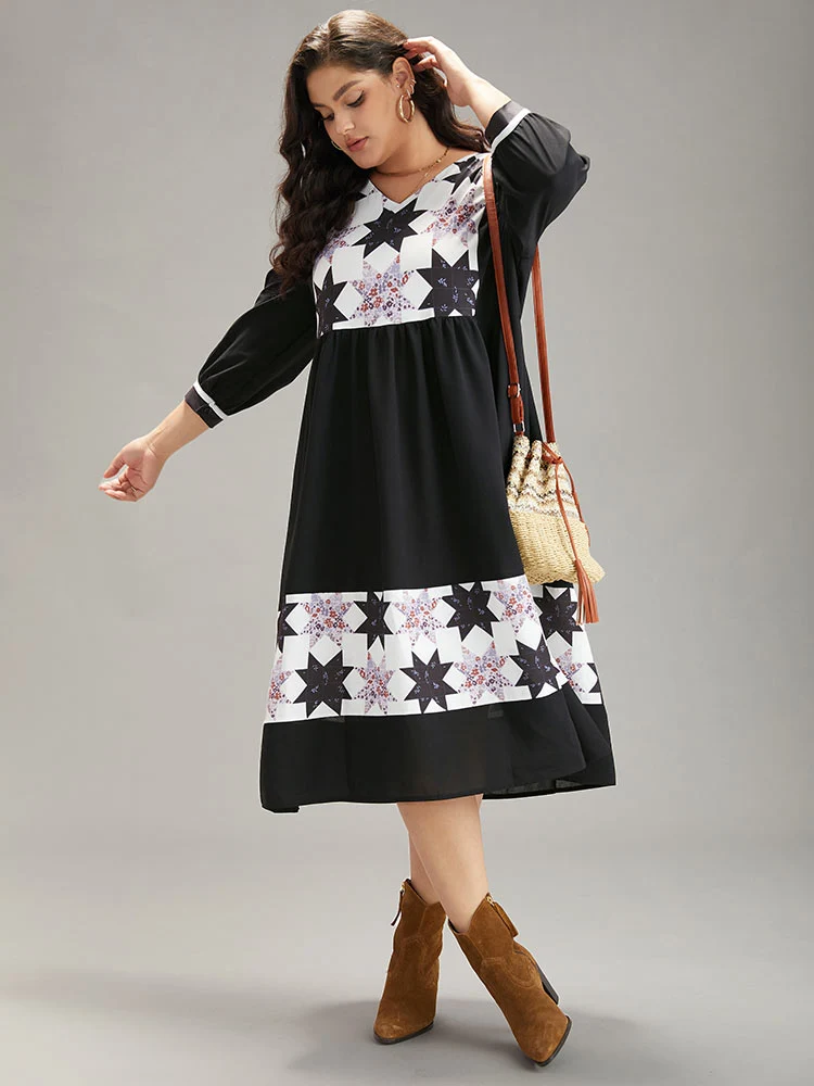 Geometric Colorblock Pocket Gathered Dress