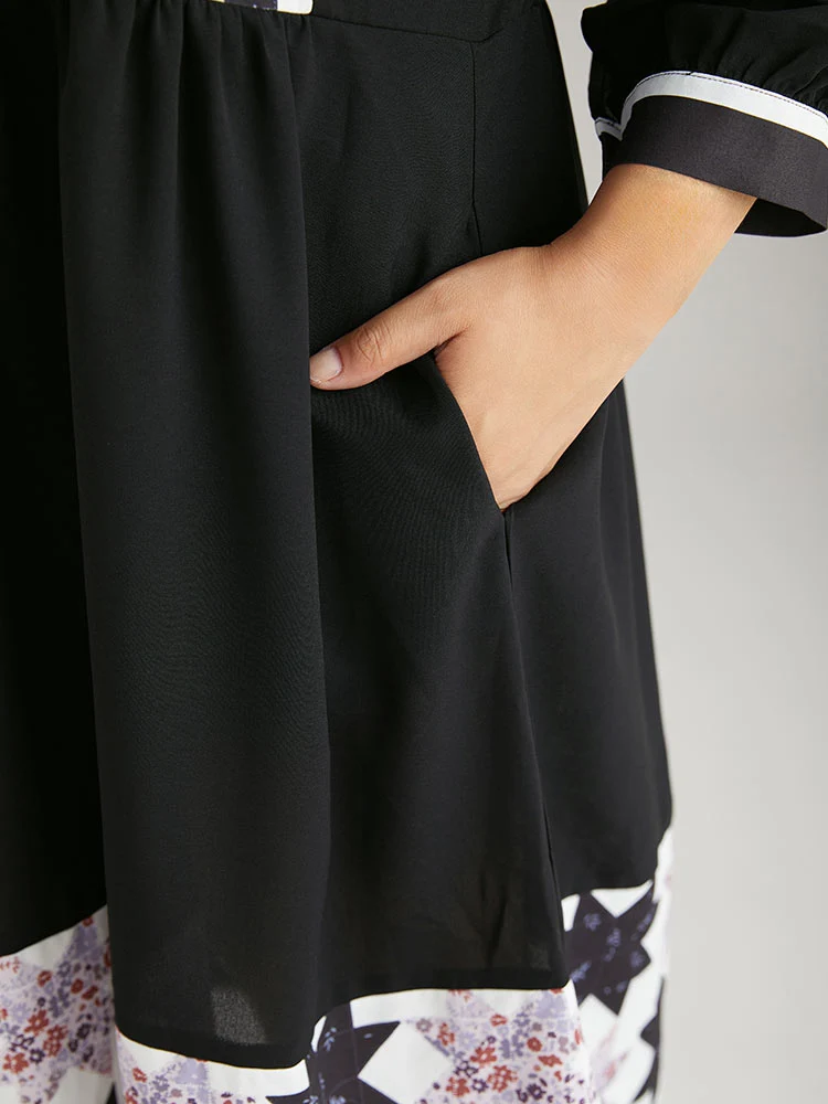 Geometric Colorblock Pocket Gathered Dress