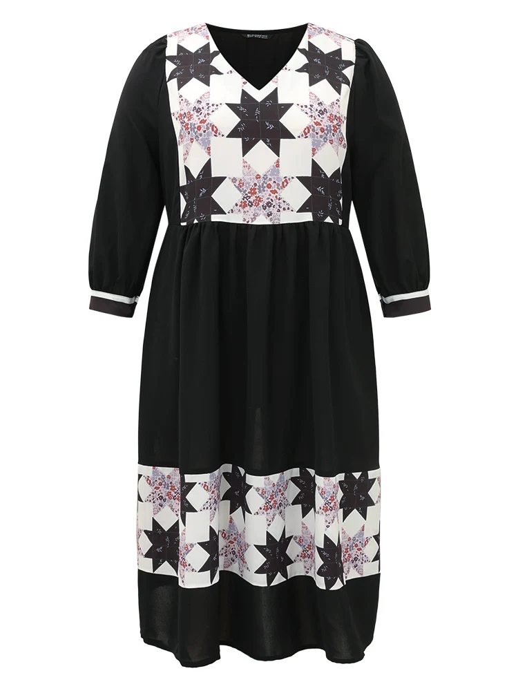 Geometric Colorblock Pocket Gathered Dress