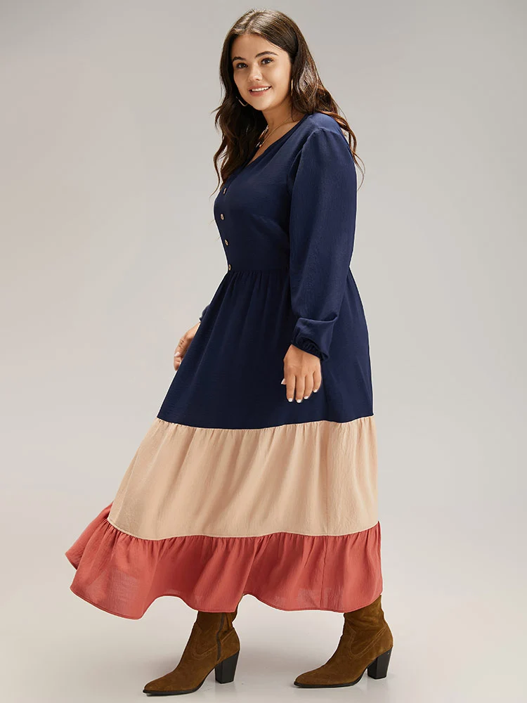 Contrast Button Detail Ruffle Layered Hem Dress