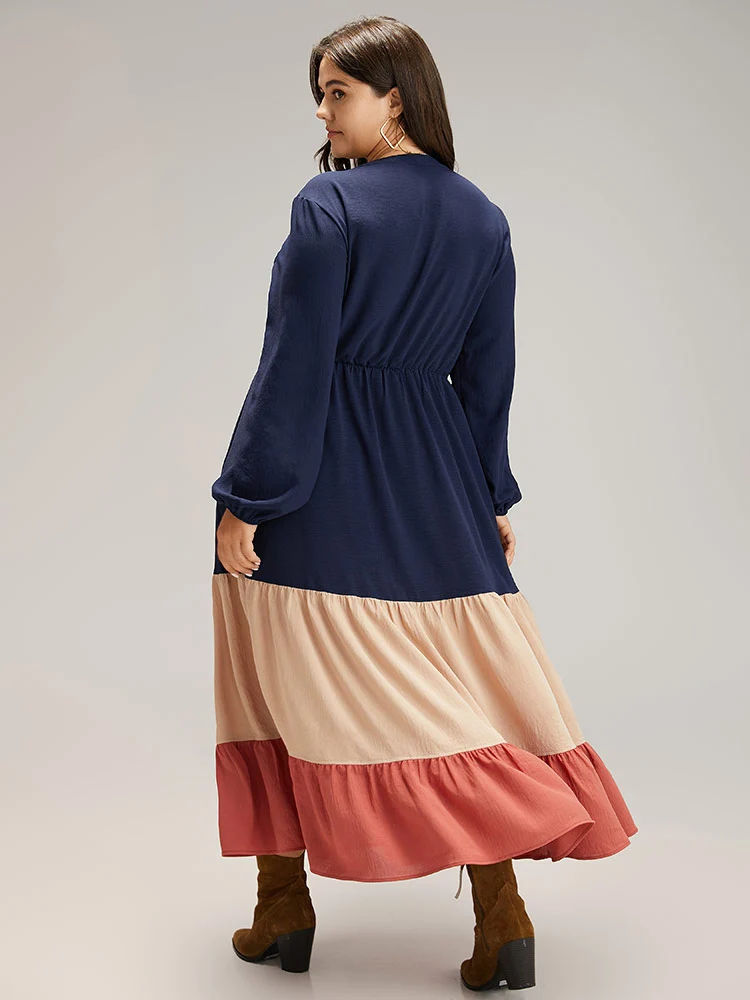 Contrast Button Detail Ruffle Layered Hem Dress