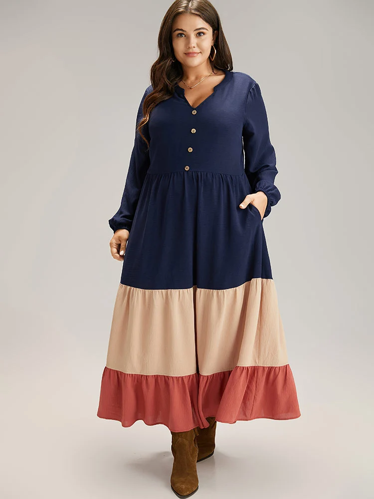 Contrast Button Detail Ruffle Layered Hem Dress