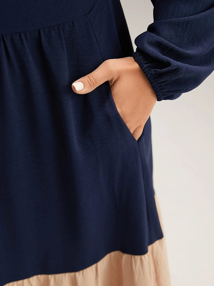 Contrast Button Detail Ruffle Layered Hem Dress
