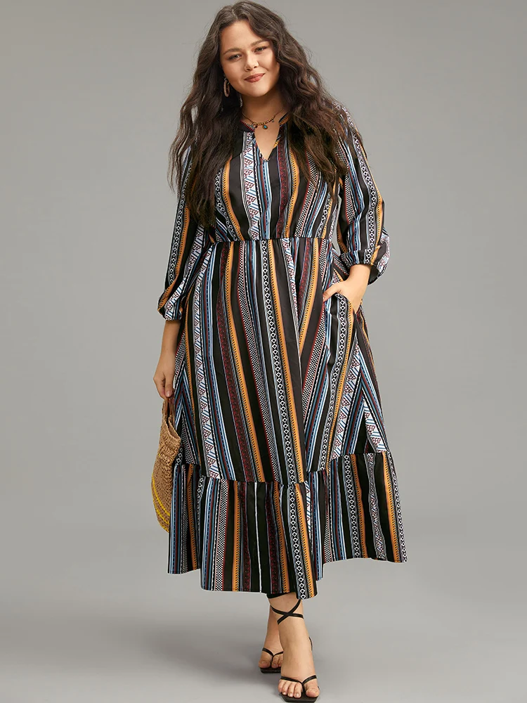 Bandana Print Notched Ruffle Layered Hem Dress