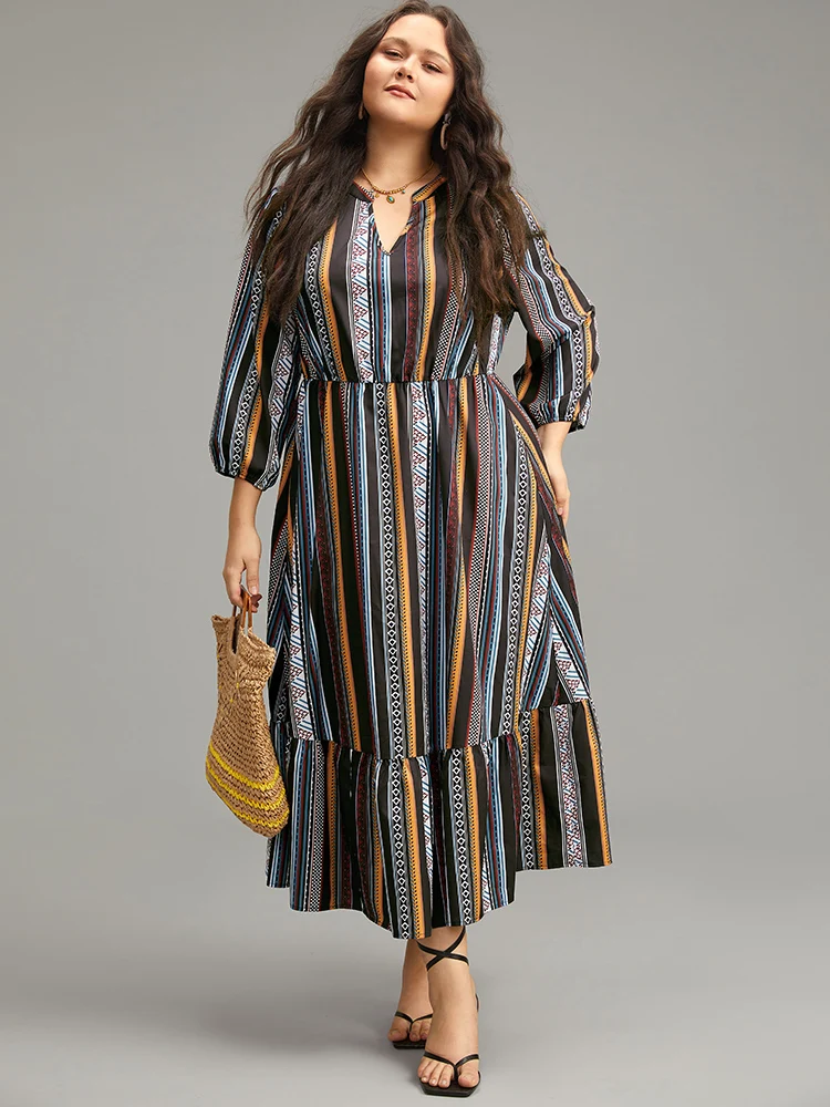 Bandana Print Notched Ruffle Layered Hem Dress