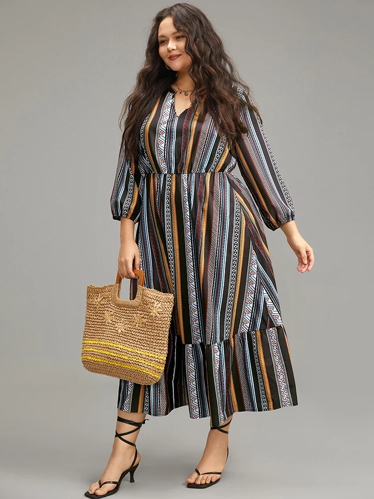 Bandana Print Notched Ruffle Layered Hem Dress
