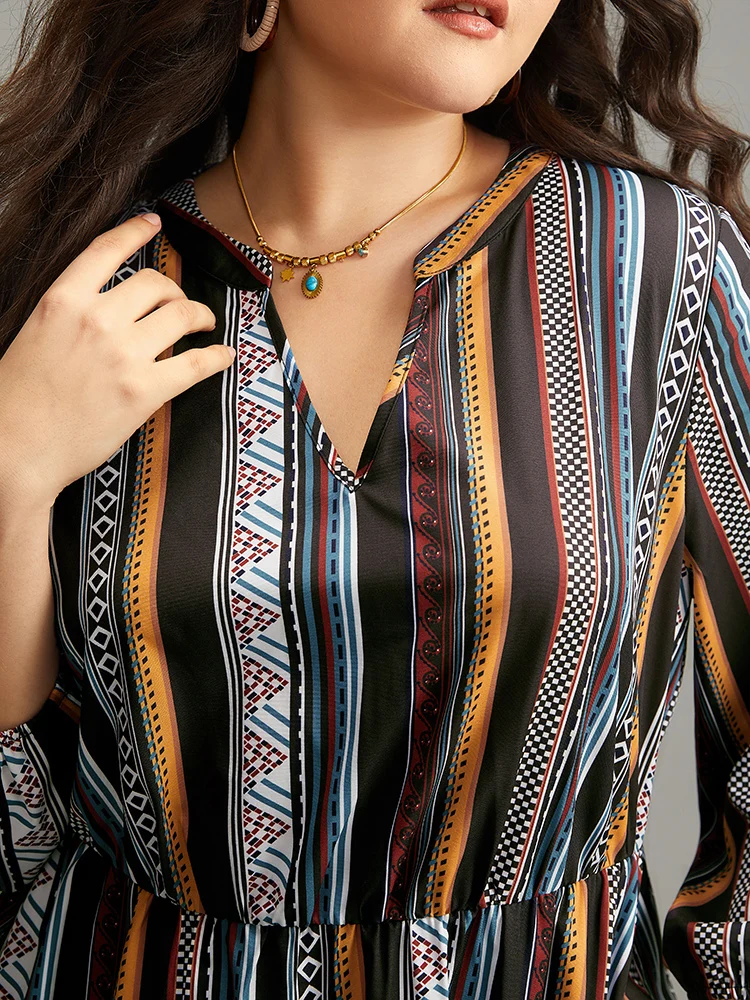 Bandana Print Notched Ruffle Layered Hem Dress