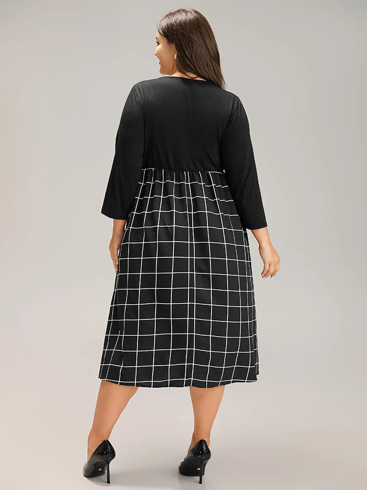 Plaid Patchwork Pocket Elastic Waist Dress