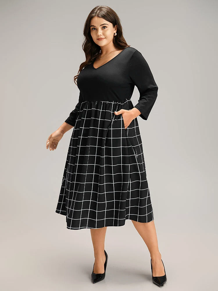 Plaid Patchwork Pocket Elastic Waist Dress