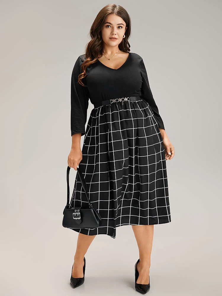 Plaid Patchwork Pocket Elastic Waist Dress