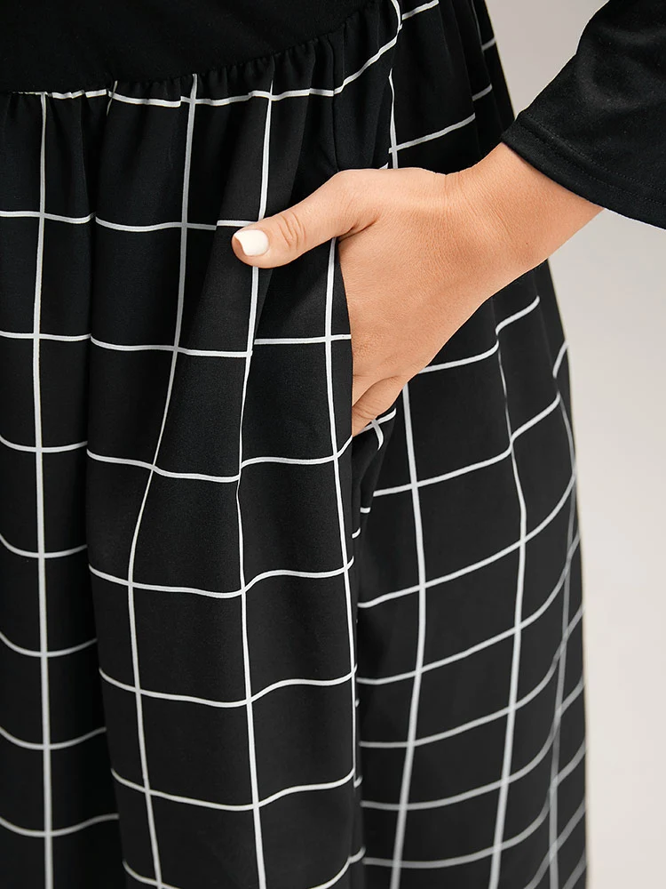 Plaid Patchwork Pocket Elastic Waist Dress