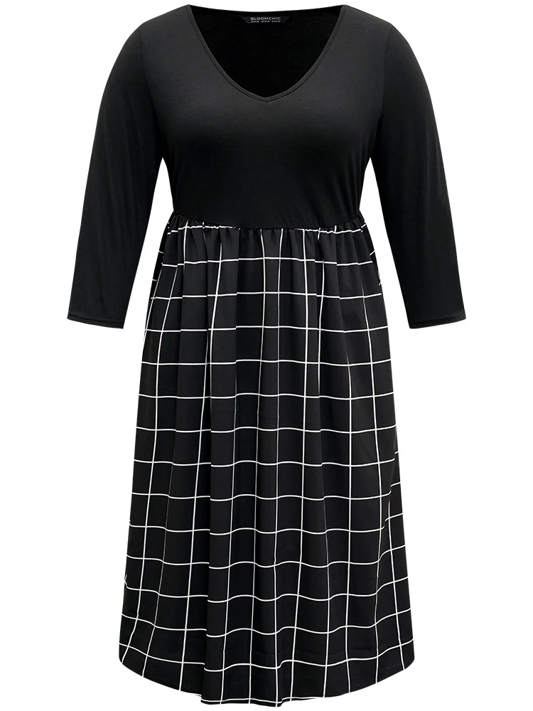 Plaid Patchwork Pocket Elastic Waist Dress