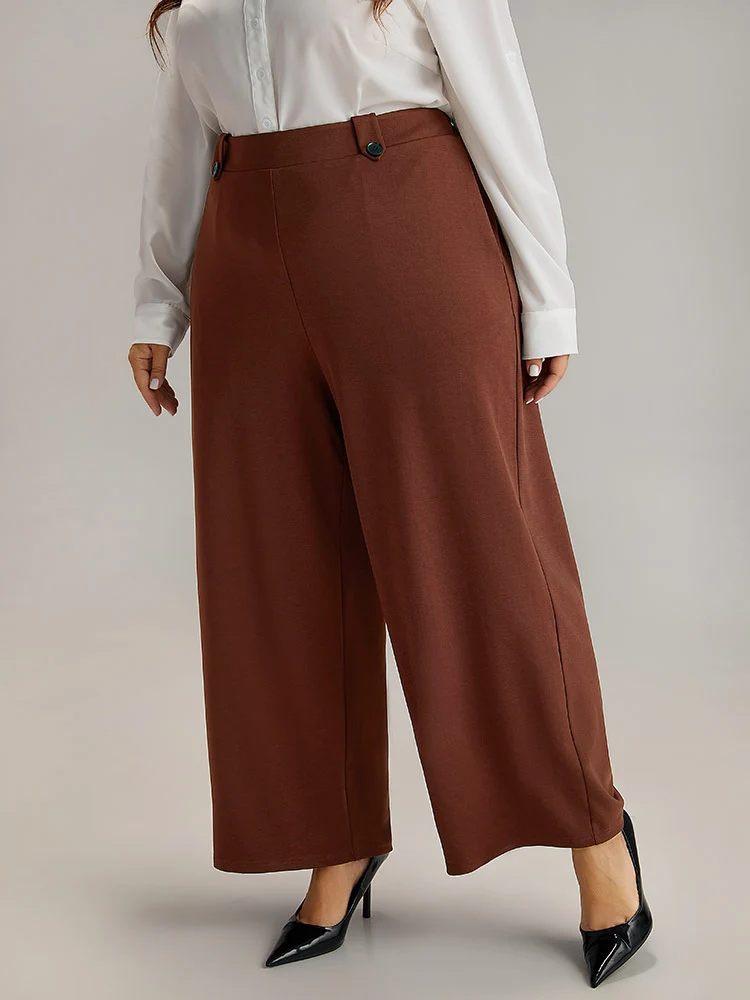 Plain Button Detail Straight Leg Pants