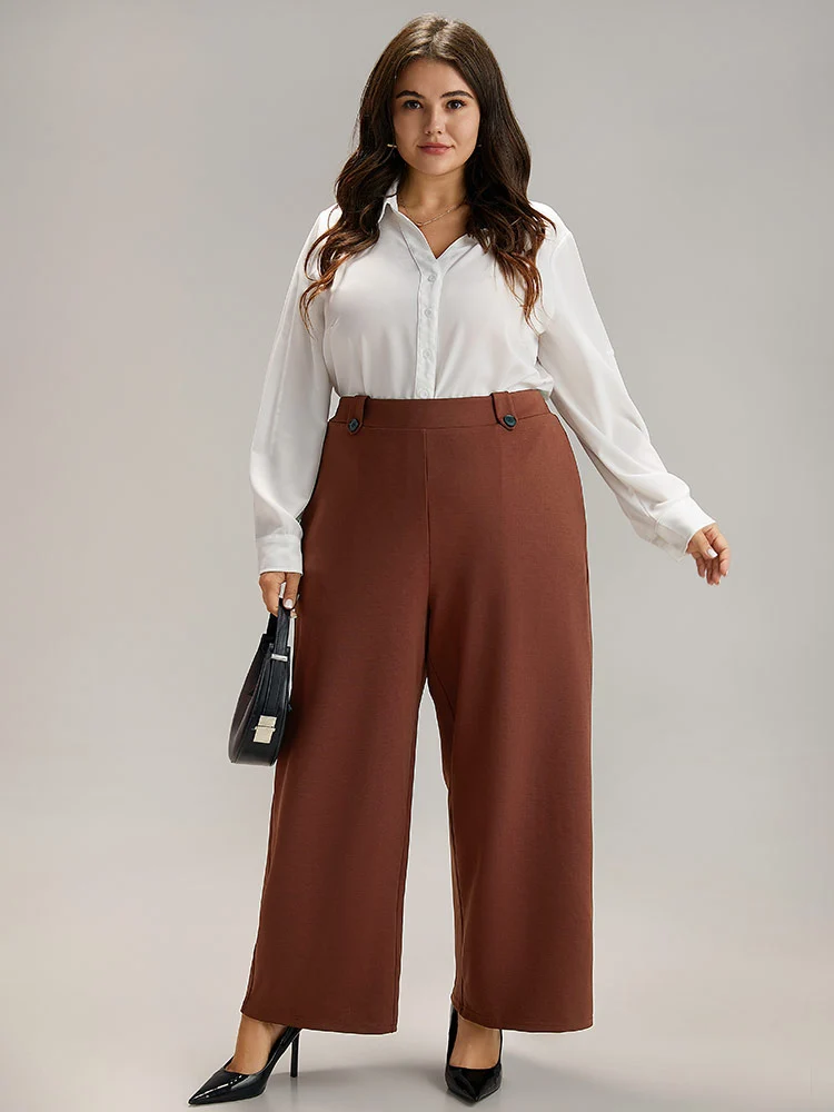 Plain Button Detail Straight Leg Pants