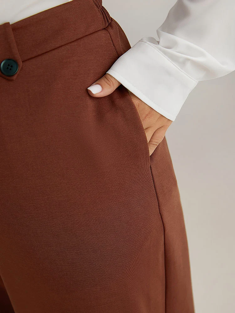 Plain Button Detail Straight Leg Pants