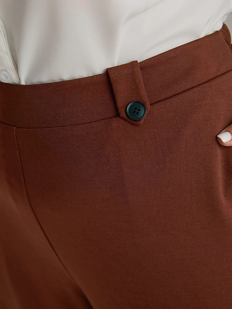 Plain Button Detail Straight Leg Pants