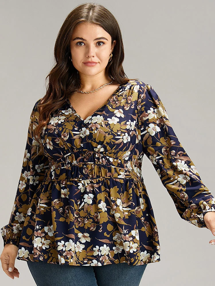 Floral Print Gathered Elastic Waist Blouse