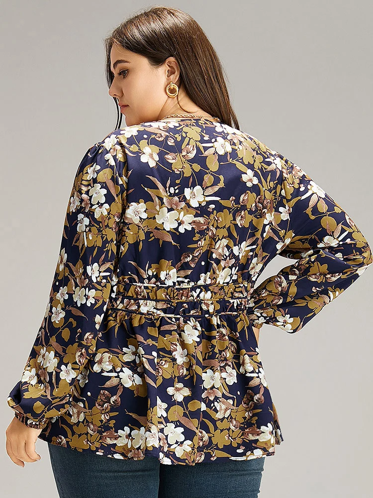 Floral Print Gathered Elastic Waist Blouse
