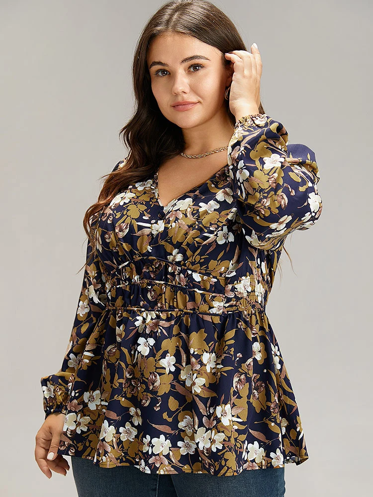 Floral Print Gathered Elastic Waist Blouse