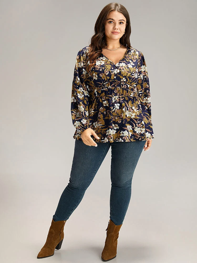 Floral Print Gathered Elastic Waist Blouse