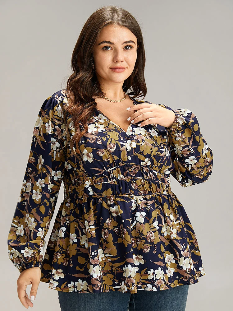 Floral Print Gathered Elastic Waist Blouse