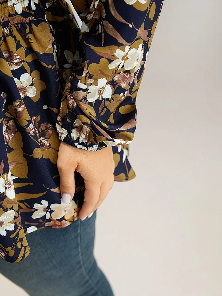 Floral Print Gathered Elastic Waist Blouse