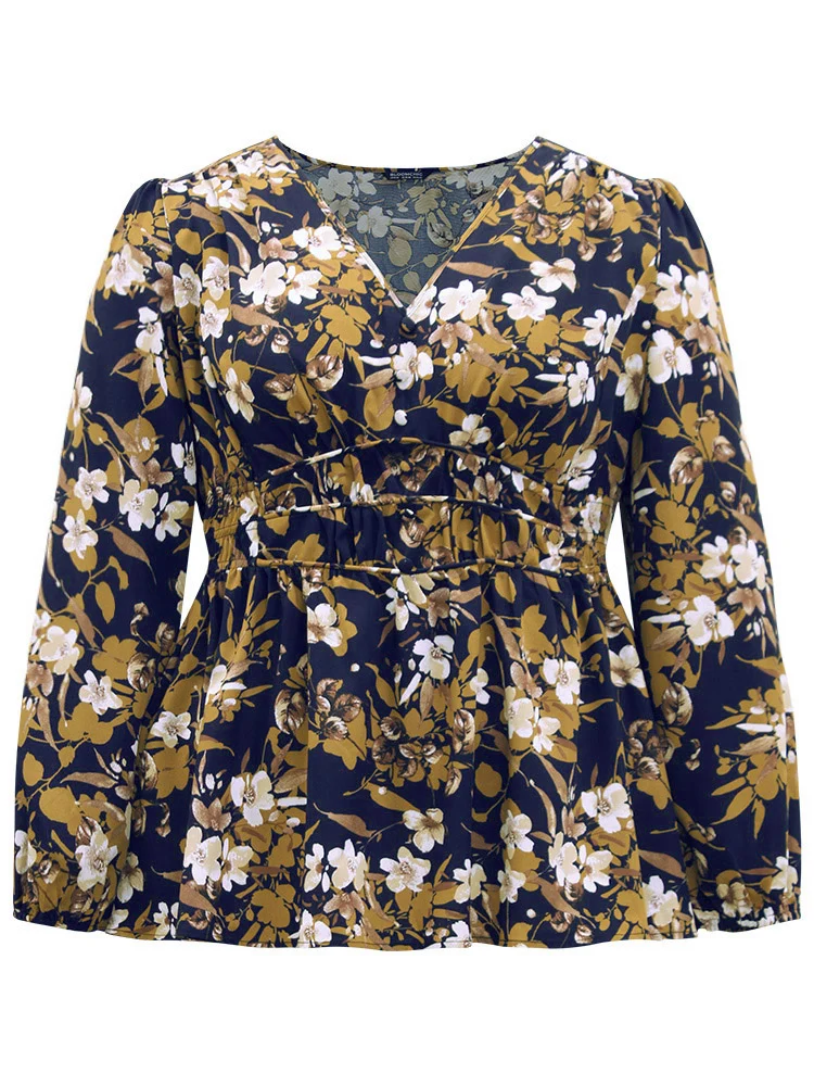 Floral Print Gathered Elastic Waist Blouse