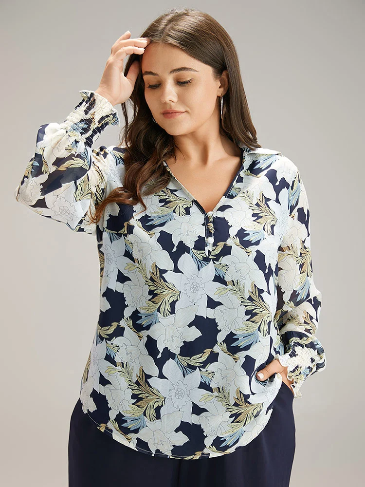 Silhouette Floral Print Shirred Frill Trim Blouse