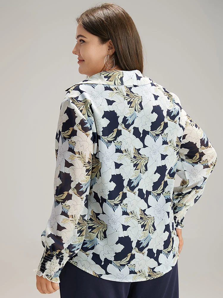 Silhouette Floral Print Shirred Frill Trim Blouse