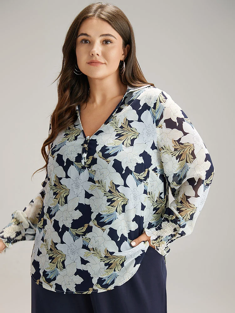 Silhouette Floral Print Shirred Frill Trim Blouse