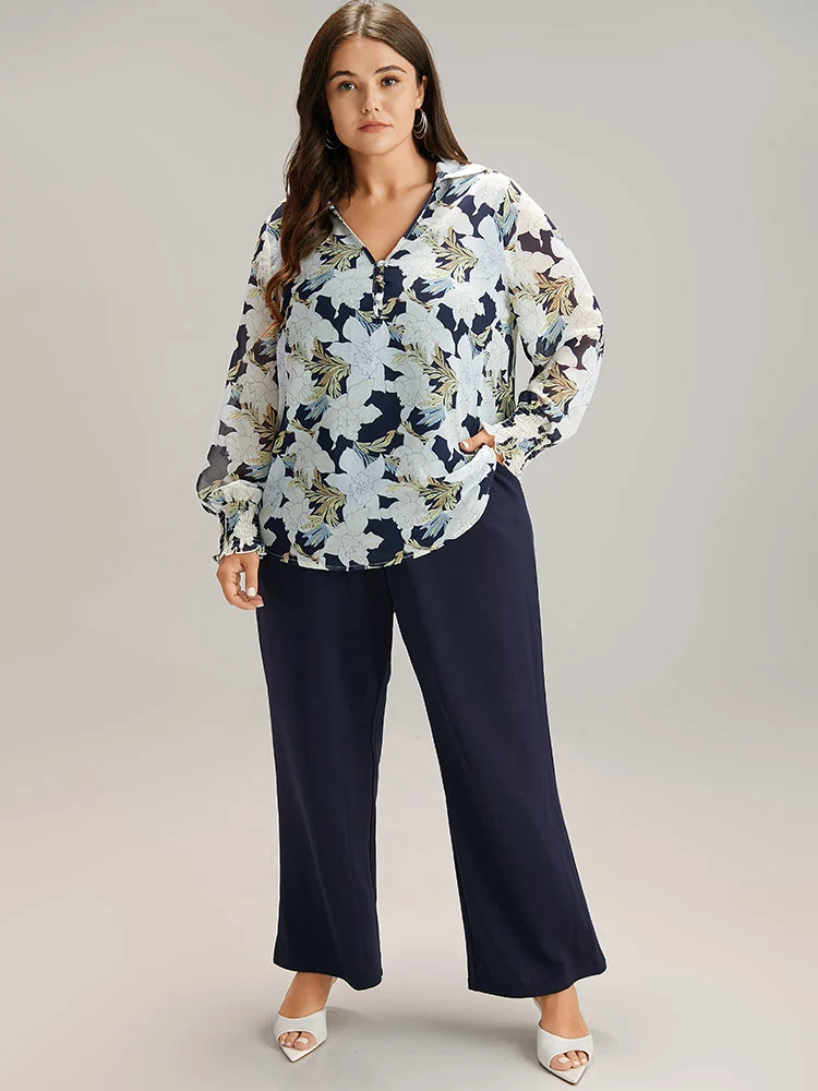 Silhouette Floral Print Shirred Frill Trim Blouse