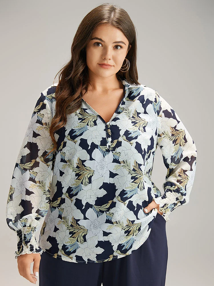 Silhouette Floral Print Shirred Frill Trim Blouse