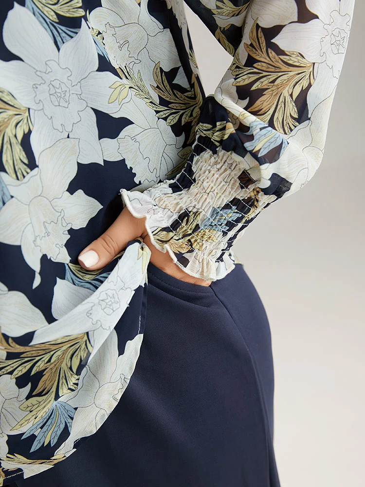 Silhouette Floral Print Shirred Frill Trim Blouse