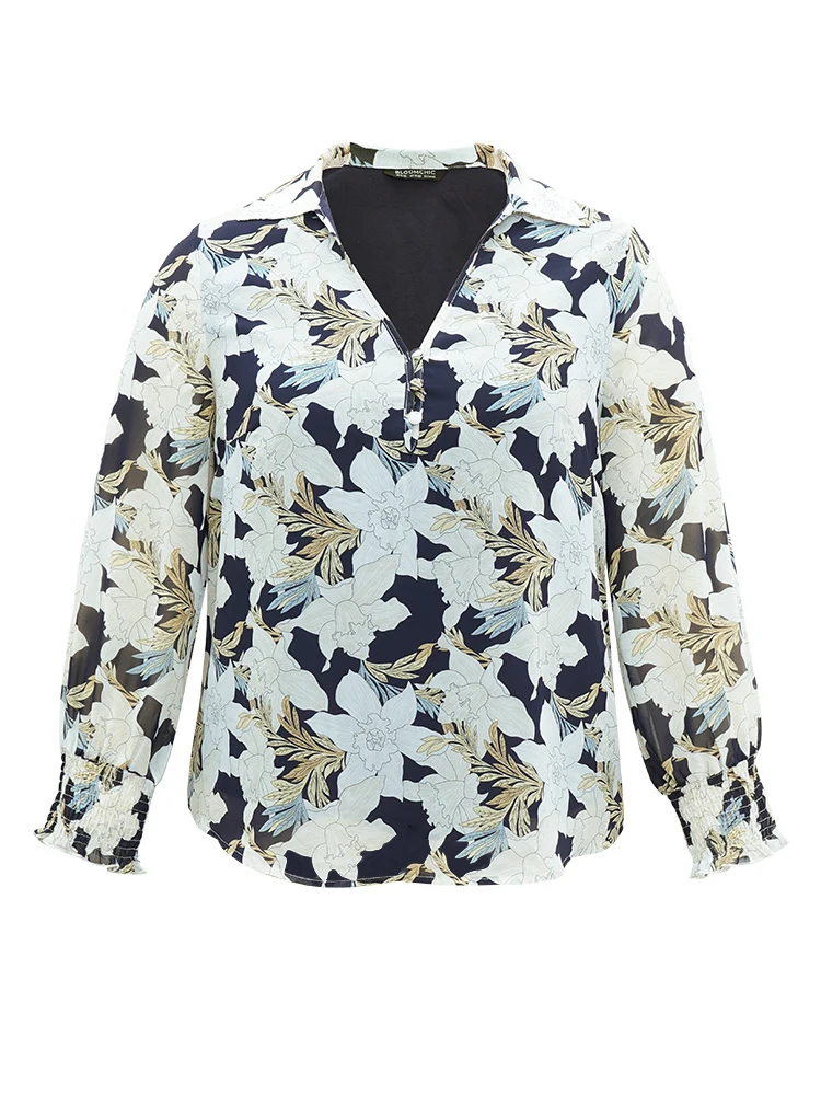 Silhouette Floral Print Shirred Frill Trim Blouse
