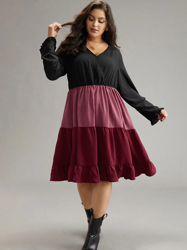 Colorblock Contrast Ruffle Layered Hem Dress
