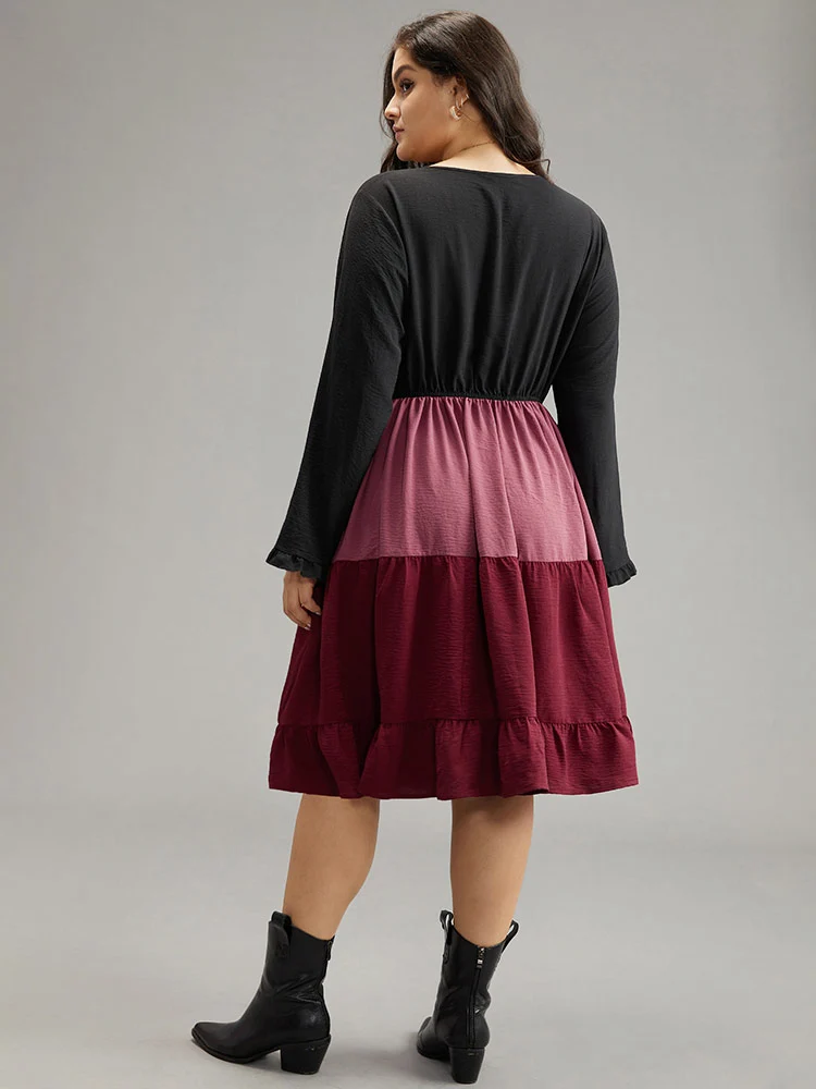 Colorblock Contrast Ruffle Layered Hem Dress