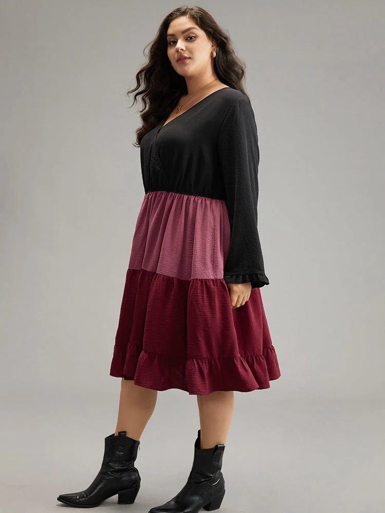 Colorblock Contrast Ruffle Layered Hem Dress