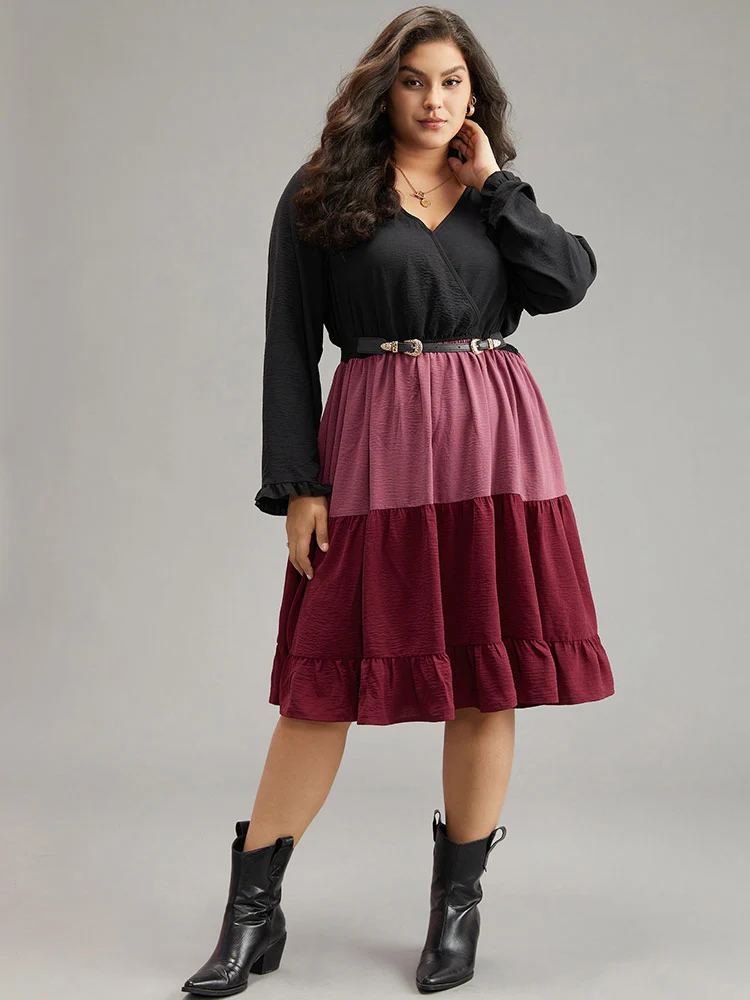 Colorblock Contrast Ruffle Layered Hem Dress
