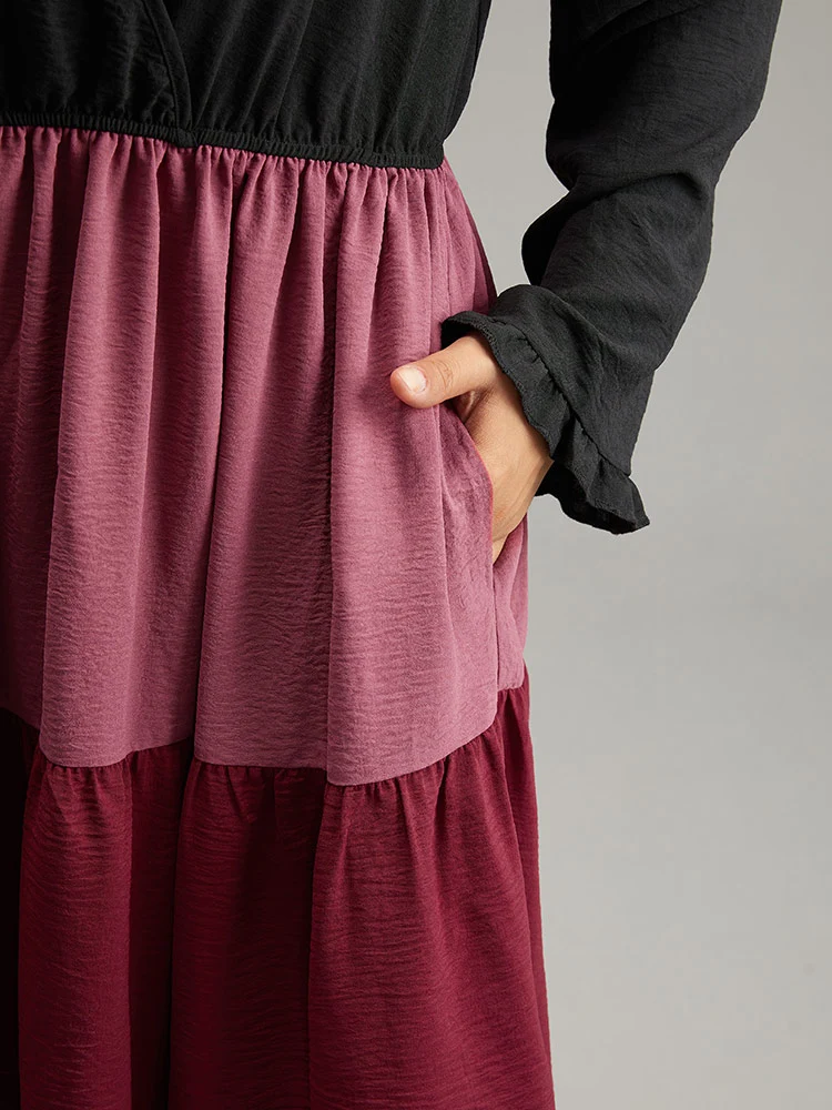 Colorblock Contrast Ruffle Layered Hem Dress