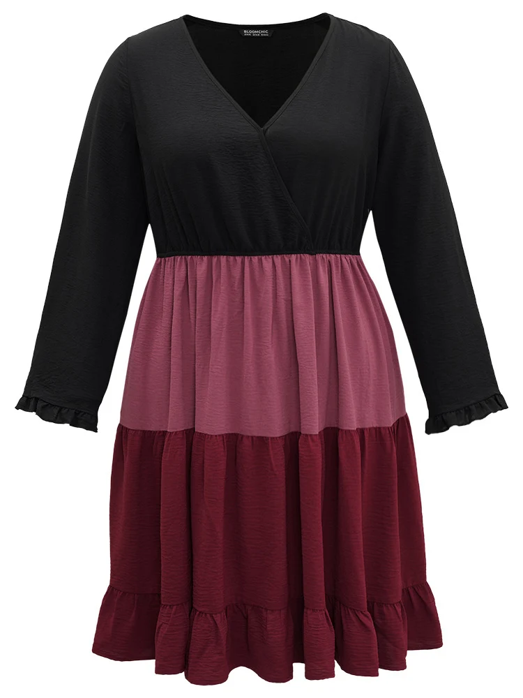Colorblock Contrast Ruffle Layered Hem Dress