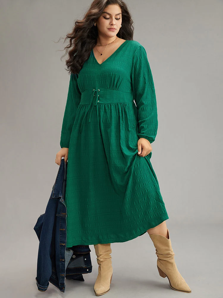 Plain Lace Up Gathered Pocket Dress