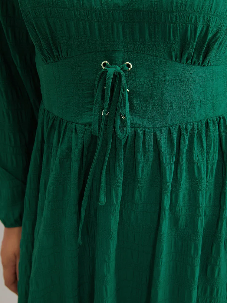 Plain Lace Up Gathered Pocket Dress