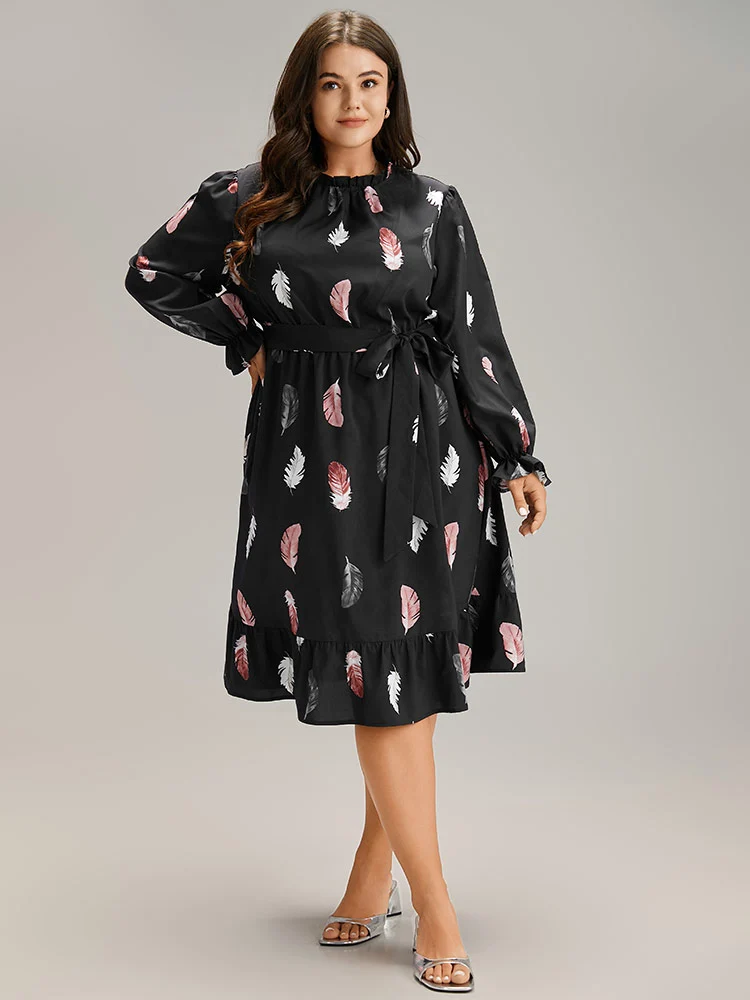 Feather Print Frill Trim Belted Ruffle Hem Dress
