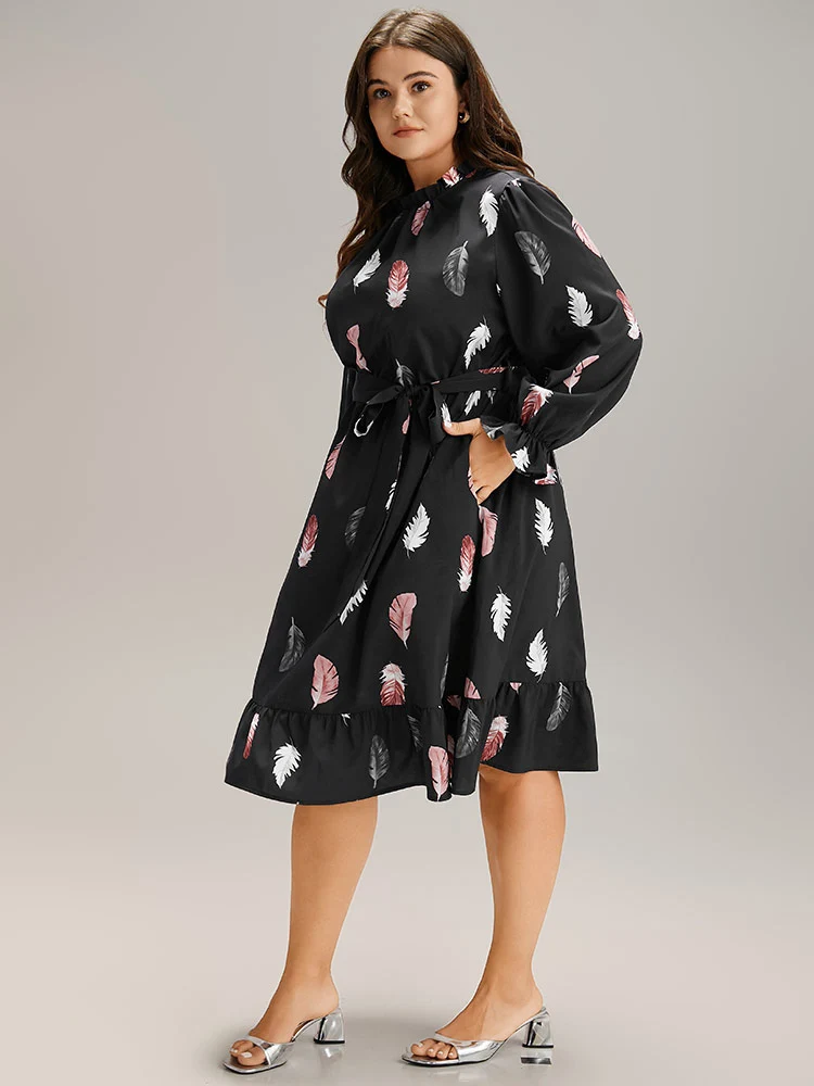 Feather Print Frill Trim Belted Ruffle Hem Dress