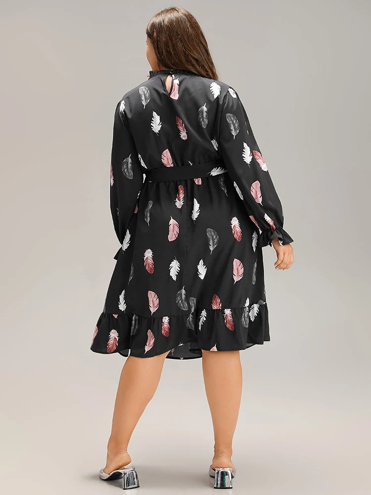 Feather Print Frill Trim Belted Ruffle Hem Dress