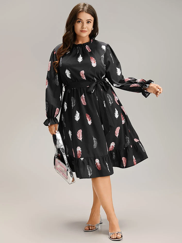 Feather Print Frill Trim Belted Ruffle Hem Dress