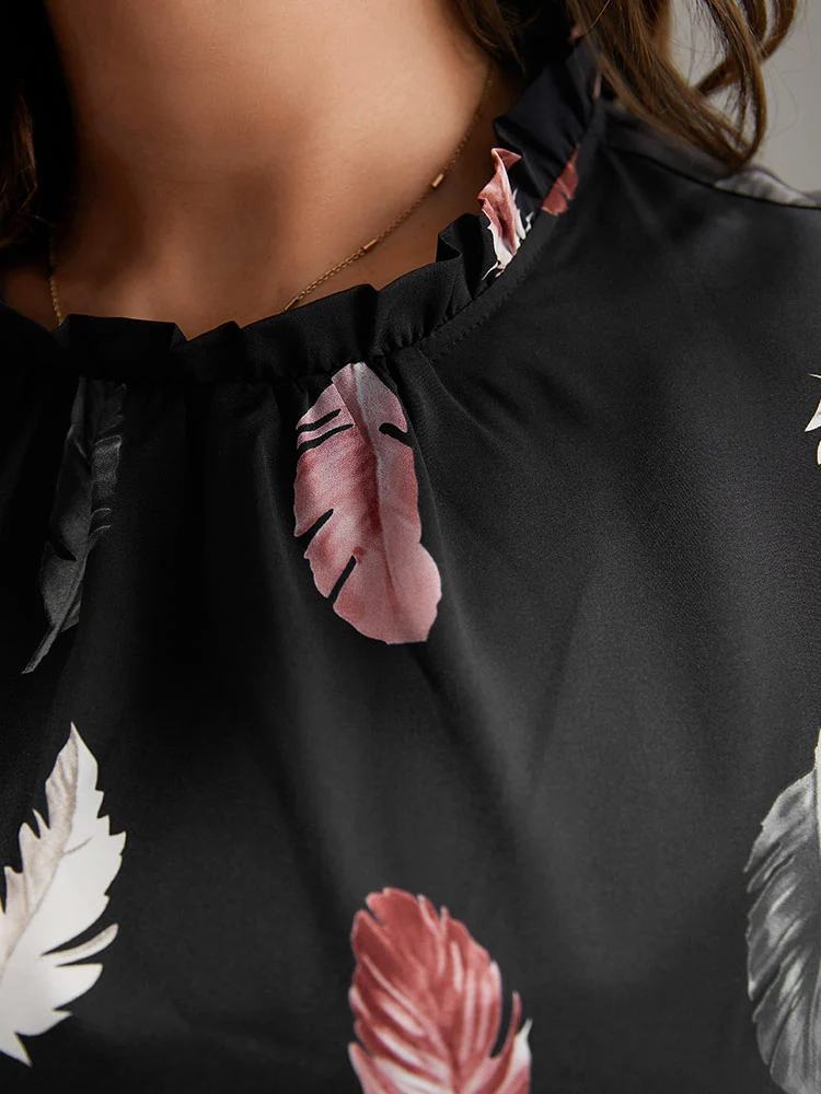 Feather Print Frill Trim Belted Ruffle Hem Dress