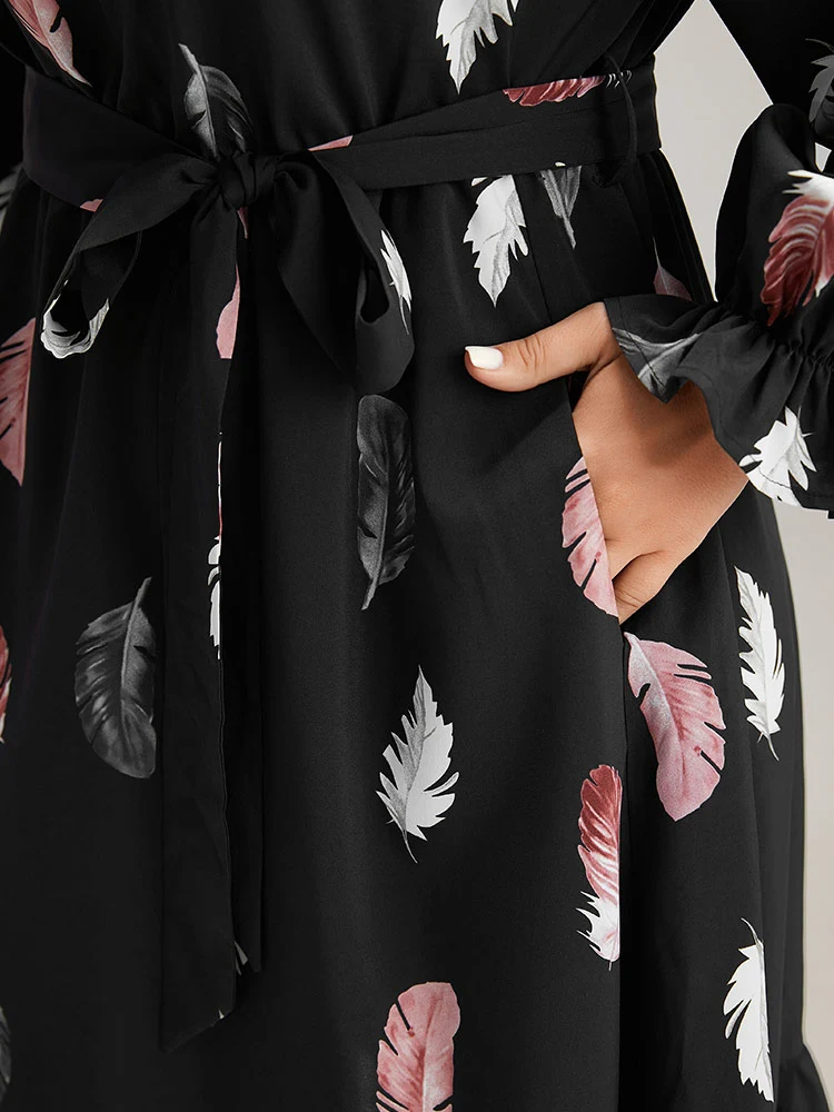 Feather Print Frill Trim Belted Ruffle Hem Dress