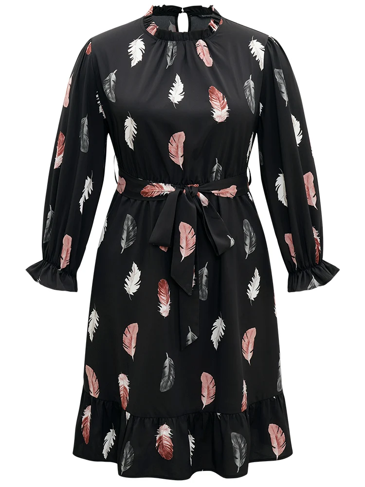 Feather Print Frill Trim Belted Ruffle Hem Dress