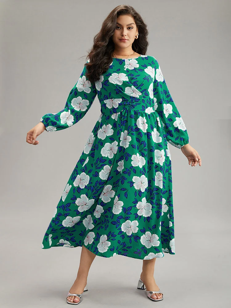 Floral Print Ruched Patchwork Elastic Cuffs Dress